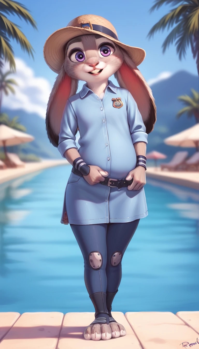 female,  judyhopps, ((thick judy hopps)), (front view), (cinematic lighting), backlighting, (shaded), detailed background, by dagasi, (by personalami), [by Ruan Jia],((full body)), tight clothes, (solo), photorealistic, hyperrealistic,(((thick body))),((chubby)), , adult girl, ((adult)),