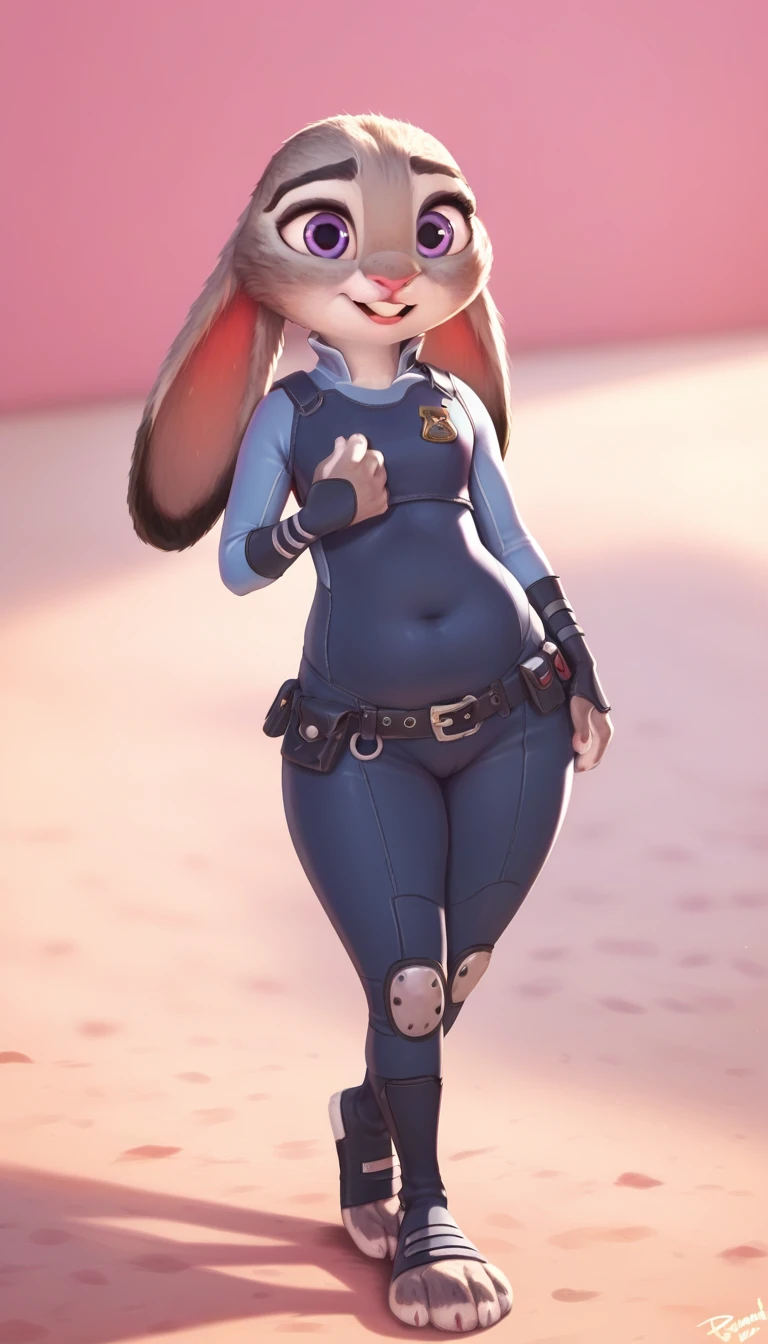 female,  judyhopps, ((thick judy hopps)), (front view), (cinematic lighting), backlighting, (shaded), detailed background, by dagasi, (by personalami), [by Ruan Jia],((full body)), tight clothes, (solo), photorealistic, hyperrealistic,(((thick body))),((chubby)), , adult girl, ((adult)),