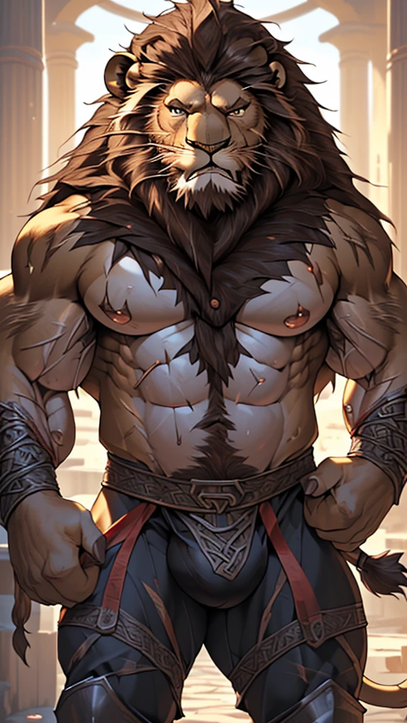 (masterpiece),(highres),(intricate details:1.4),extremely detailed,(illustration:1.2),8k,photorealistic,exquisite,(daddy:1.5),aged,(elder male lion:1.7),muscular,(Viking warrior:1.5),(brave and powerful:1.5),manhood,warrior,long hair,long beard,(numerous scars),(bulging crotch:1.8),(homosexual:1.5),(a painful face:1.9),(naked body:1.6)