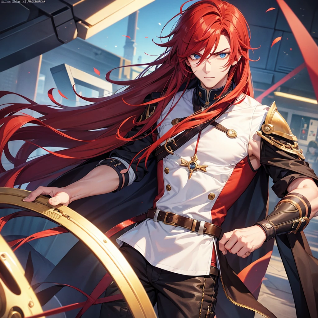 Male, 23 years old, 183cm tall, good-looking, long face, messy red hair, blue eyes, sclera eyes, slanted eyebrows, manly, inventor, goggles