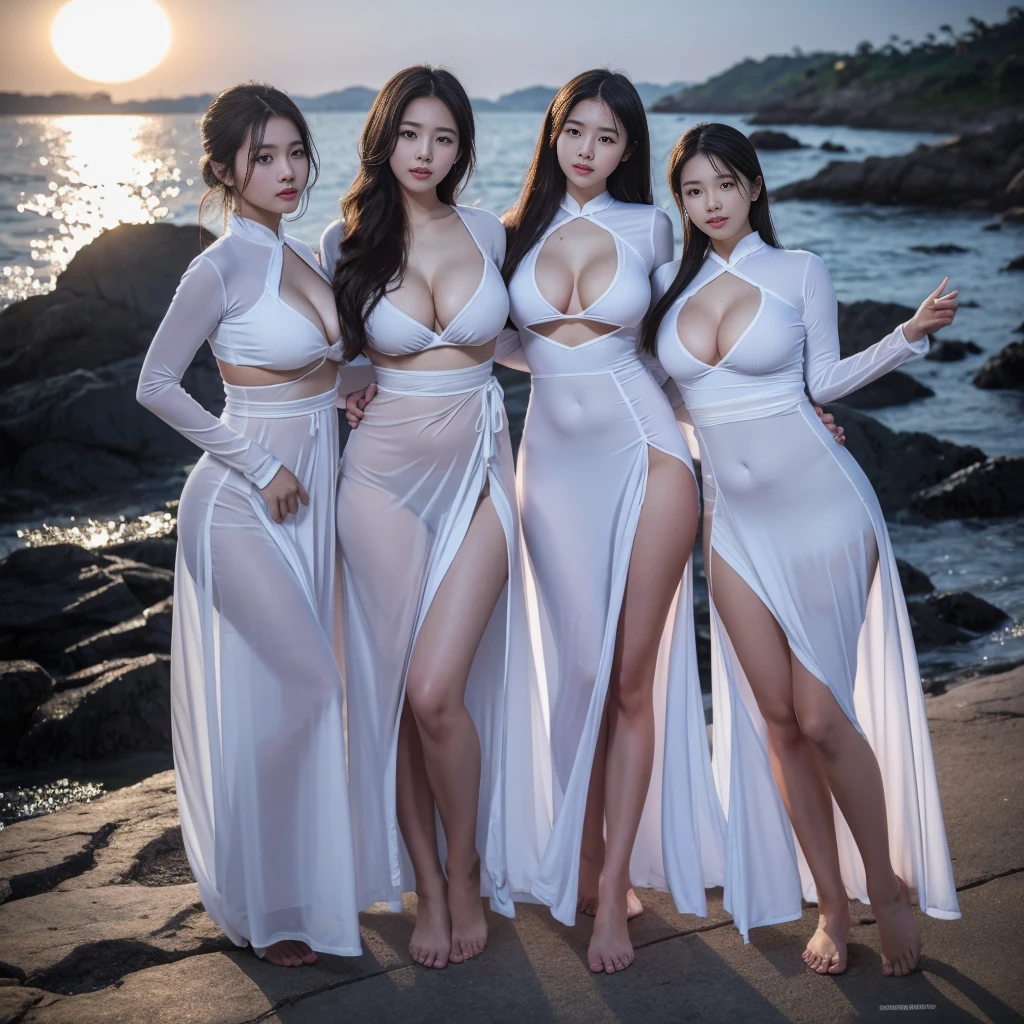 A group of young Korean women with admirable beautiful faces, wearing tight short vietnamese ao dai,skirts, light through Gauze material, lots of clothing details, reflect moonlight, at night, by the sea, doning stand split pose with feet open,,sexly,horny, night,Moonlight shines through clothes,high-definition, detailed lighting and shadows, high-definition photography, Big deep cleavage sexly navel, by the water, The whole body is sweating, wet hair,Obscene expressions,licking, full-body portrait shot