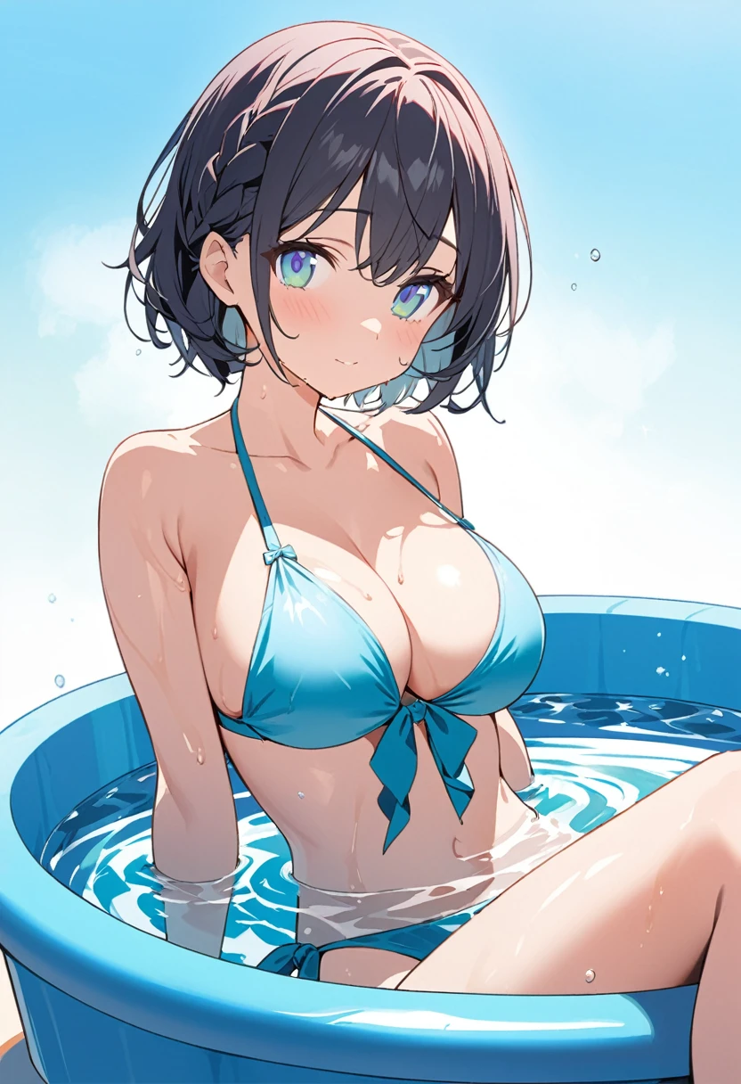 You are a professional illustrator. Please carefully review and draw your illustration under the following conditions A girl cooling off in a plastic pool, delicate and beautiful anime face, clear eyes, bikini, braided short hair, comfortable face, beautiful breasts,

