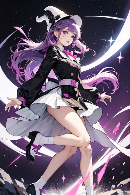 Isla has fair skin, and straight purple hair with bangs, that goes past her waist. She has big purple, and dark red lips. Her accessories consist of a fluffy black and white penguin hat.
Her outfit is a Black suit dress with one sleeve, and pink buttons, with a purple bow. Her shoes are white on the front with pink shoe laces, and a purple bottom. Her white socks are ruffeled. She has golden braclets on her right arm. SPARKLE; GLITTER