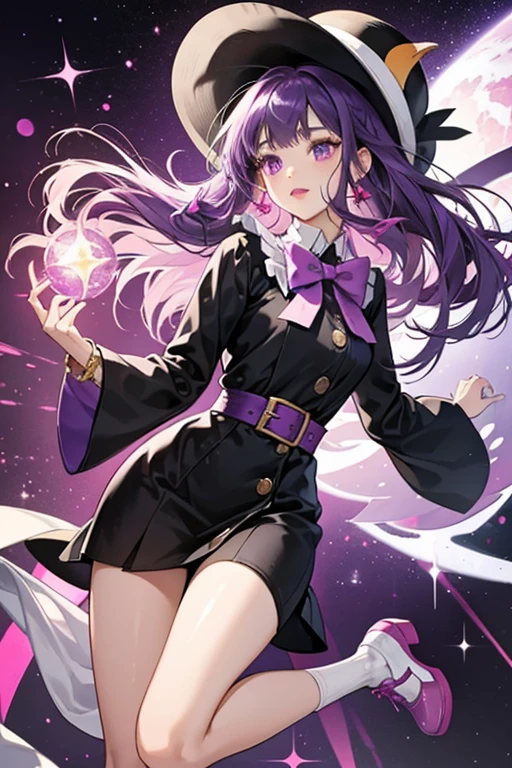 Isla has fair skin, and straight purple hair with bangs, that goes past her waist. She has big purple eyes, and dark red lips. Her accessories consist of a fluffy black and white penguin hat.
Her outfit is a black suit dress with one sleeve, and pink buttons, with a purple bow. Her shoes are white on the front with pink shoe laces, and a purple bottom. Her white socks are ruffeled. She has golden bracelets on her right arm. SPARKLE; GLITTER