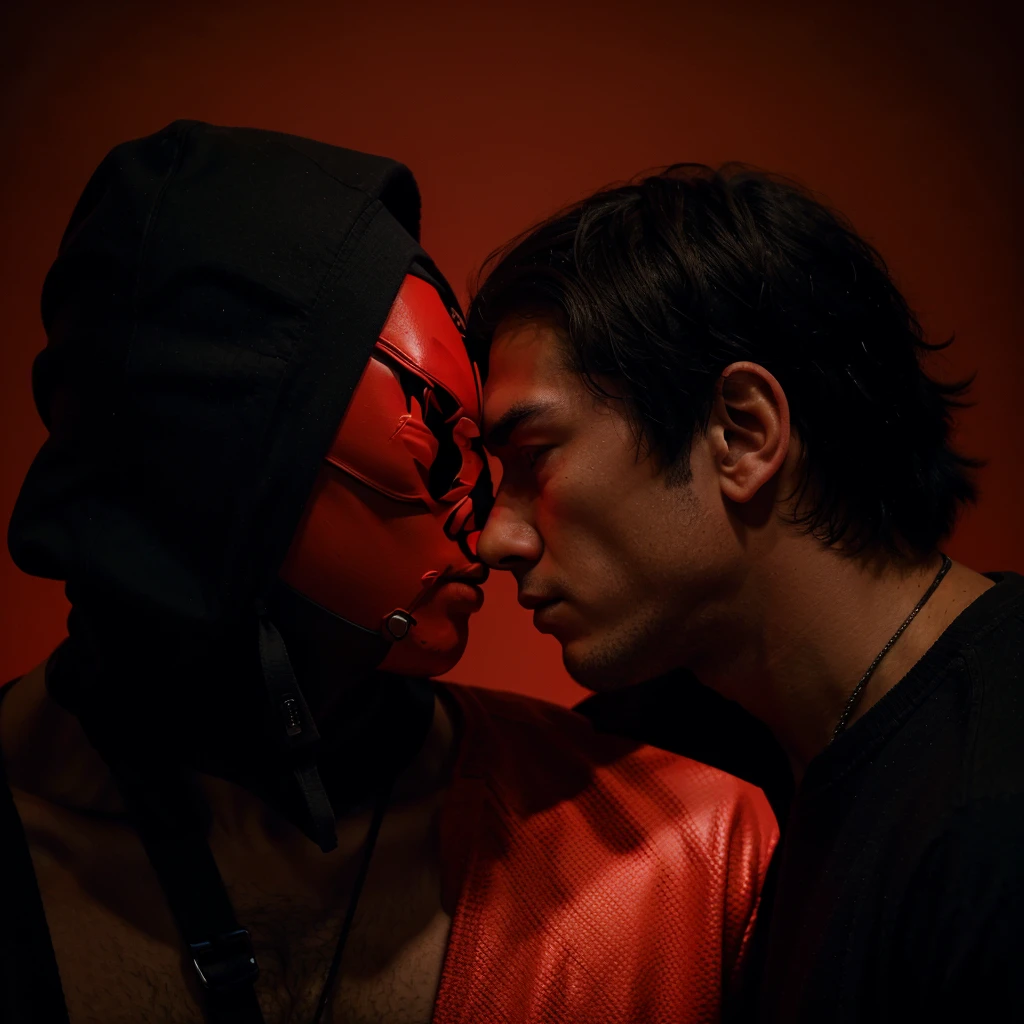 man with red mask ((neon)), Profile, with fists in the form of defense in boxing, toward the left, Red background ((all neon)), ((imposing)) ((black clothes))