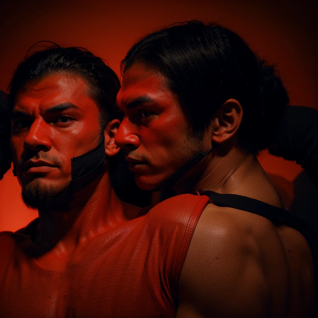 man with red mask ((neon)), Profile, with fists in the form of defense in boxing, toward the left, Red background ((all neon)), ((imposing)) ((black clothes))