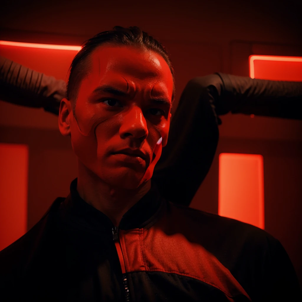 man with red mask ((neon)), Profile, with fists in the form of defense in boxing, toward the left, Red background ((all neon)), ((imposing)) ((black clothes))