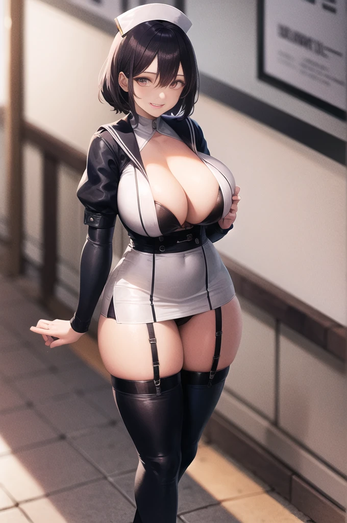 beautiful hands、ultra detailed hands、ultra detailed eyes、black thigh boots、garter strap、huge breasts、visible chest、thick thight、A sexy、grinning evily、Black sailor suit、spread legs、underwear、 skirt、short black hair、solo、nurse、street