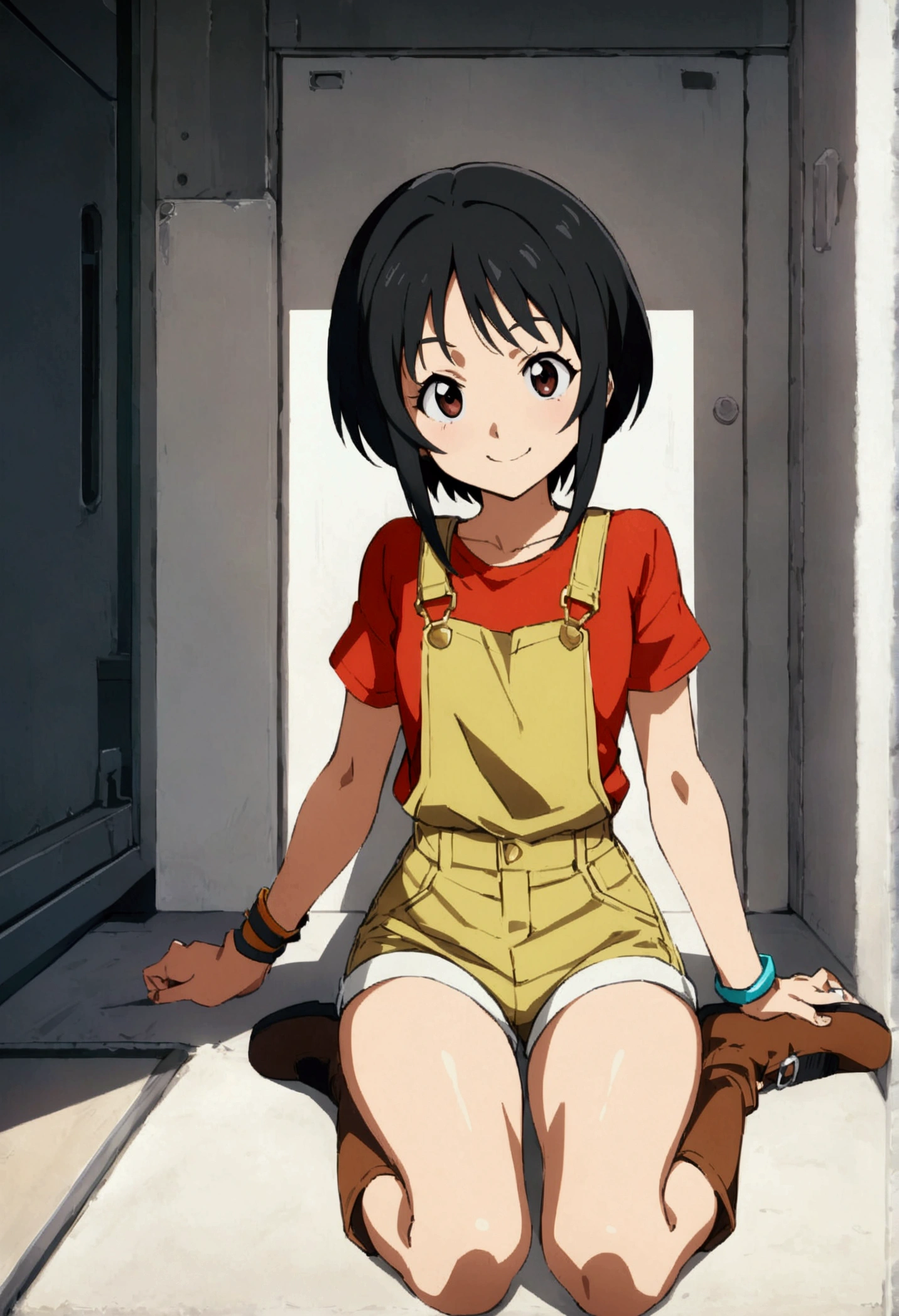 score_9, score_8_up, score_7_up, (best quality, masterpiece),perfect anatomy,aesthetic,very aesthetic,official style, ultra-high resolution,source_anime.1girl, elpeo puru, gundam, short hair, flat chest, red shirt, overalls, single glove, short shorts, boots, smile, Eizan Kikukawa, cel shading