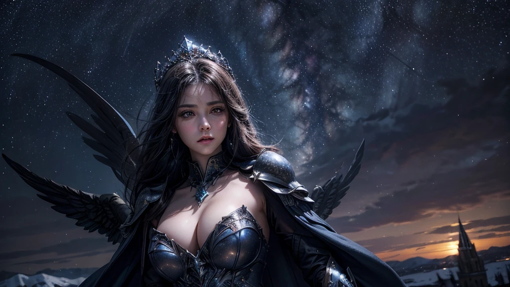masterpiece, rest, best quality, Very detailed, Super real, 16K, high resolution, castle,snow, ((Starry Sky)),Female Mage,Gorgeous armor,Complex Mode,Pretty Face,Closed mouth,dramatic,Half-length photo,Glowing scepter,Black Wings,Large Breasts