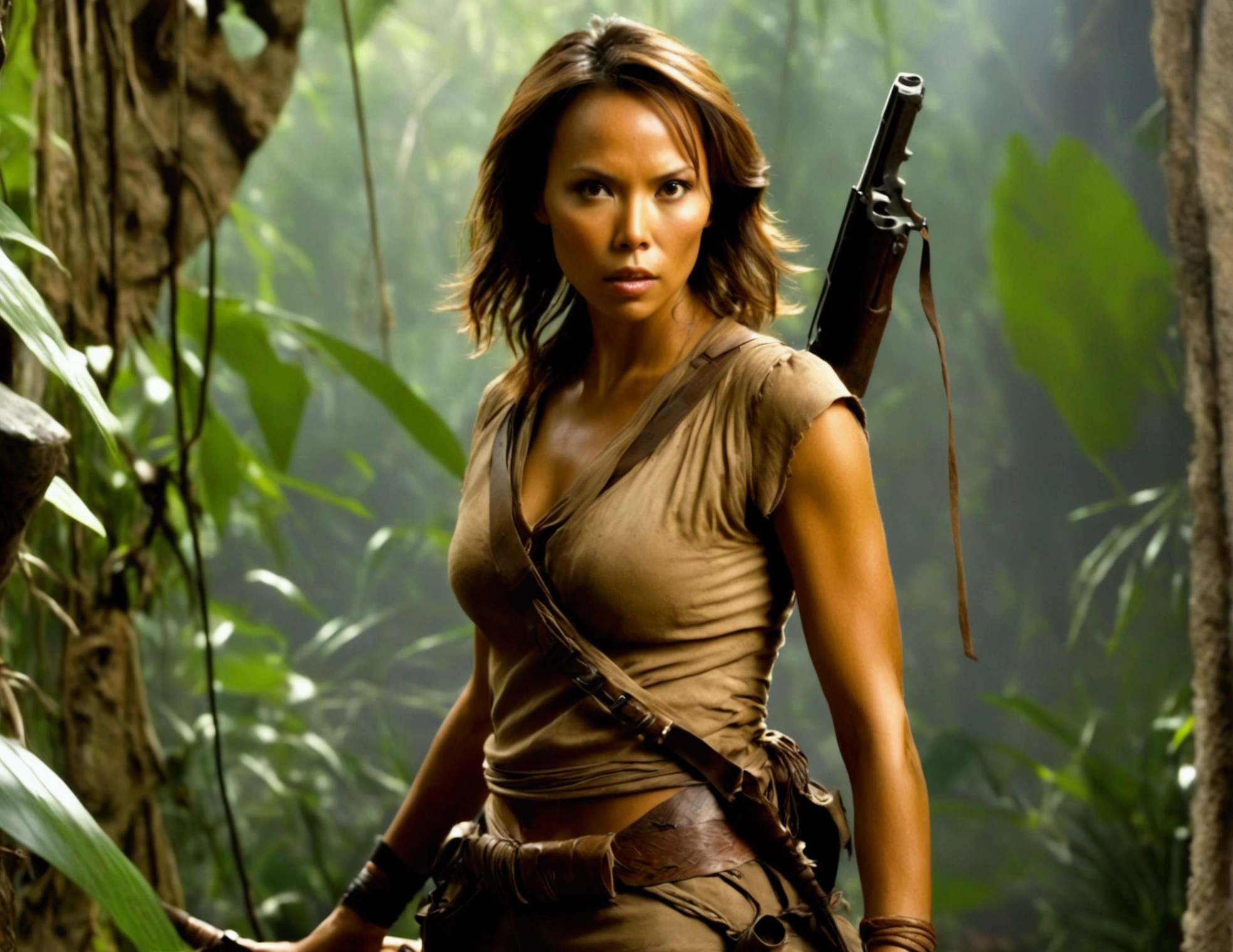 Lexa Doig (age 26) as Indian Jones, armed with her whip and pistol she explores a jungle ruin infested with snakes and spiders