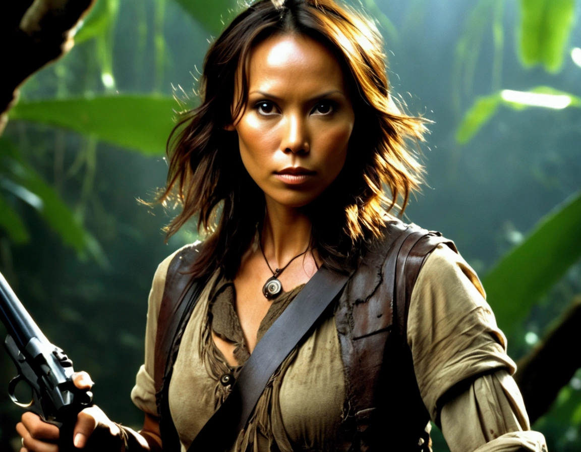 Lexa Doig (age 26) as Indian Jones, armed with her whip and pistol she explores a jungle ruin infested with snakes and spiders