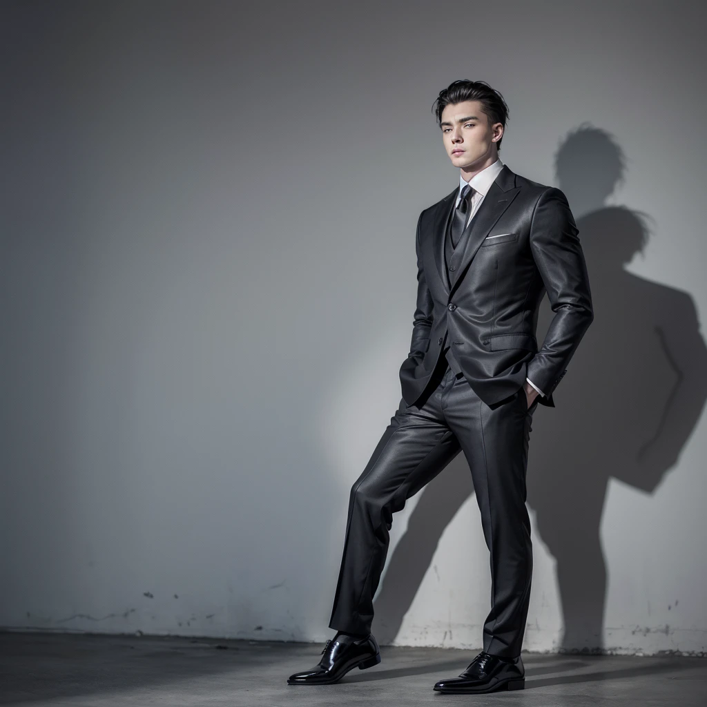 Man 1.83 meters. Elegant brand suit very elegant elegant black shoes. beefy. Hefty body. daylight. HD.