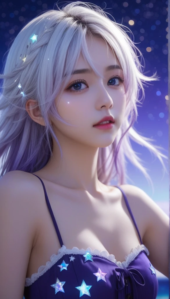 masterpiece, best quality, illustration, stars in the eyes,dishevelled hair,Starry sky adorns hair,1 girl,sparkling anime eyes,beautiful detailed eyes, beautiful detailed stars,blighting stars,emerging dark purple across with white hair,multicolored hair,beautiful detailed eyes,beautiful detailed sky, beautiful detailed water, cinematic lighting, dramatic angle,