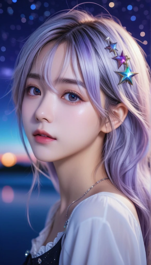 masterpiece, best quality, illustration, stars in the eyes,dishevelled hair,Starry sky adorns hair,1 girl,sparkling anime eyes,beautiful detailed eyes, beautiful detailed stars,blighting stars,emerging dark purple across with white hair,multicolored hair,beautiful detailed eyes,beautiful detailed sky, beautiful detailed water, cinematic lighting, dramatic angle,