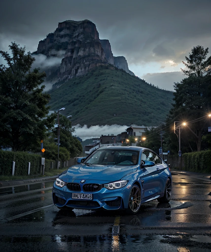 Bmw m4 baby blue, black wheel, headlights on, haze, light raindrops, Clouded, dusk, Roadside, asphalt, Trees, naturey, asphalt molhado, mountain in the background, mountain with snow, 