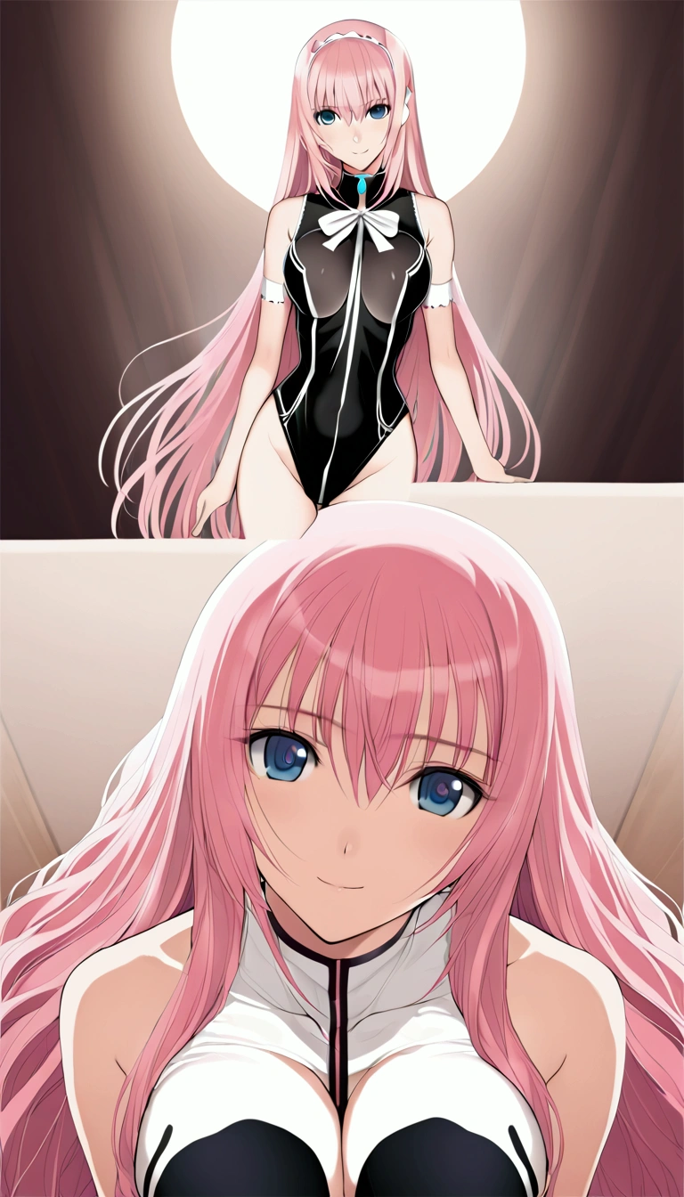 masterpiece ,Megurine Luka,E cup breasts,Pink long hair,blue eyes,Black one-piece swimsuit,smile,Bedroom,