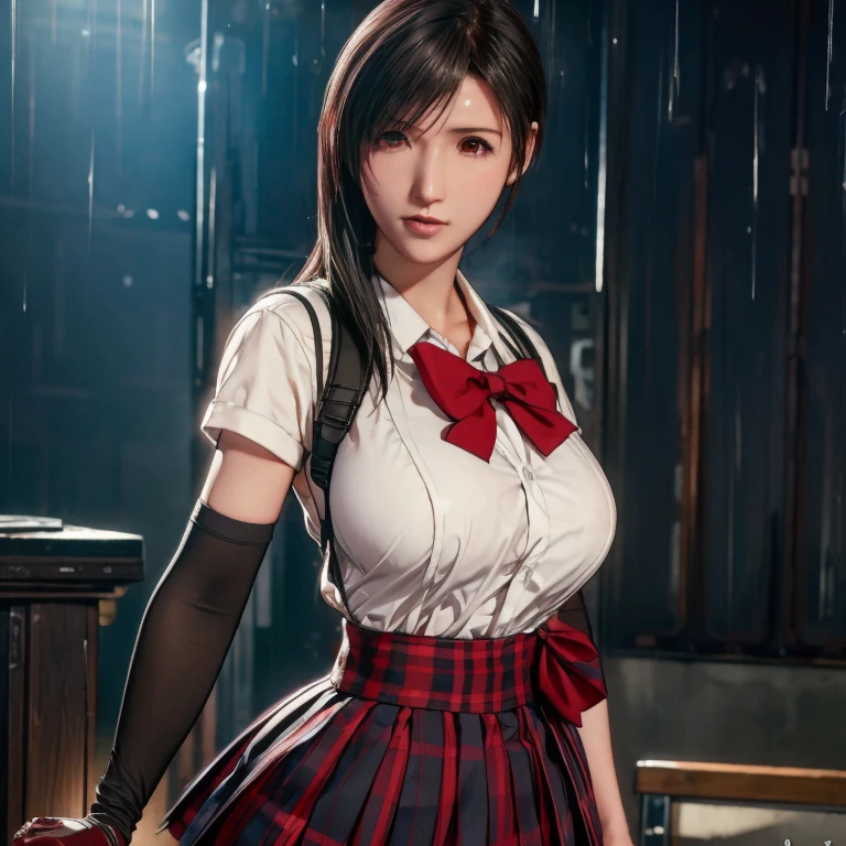 school girl uniform , steam , rain , plaid skirt , pleated skirt , The shirt is tight. , white shirt , school girl , red bow , red knot , highly detailed photo of Tifa Lockhart posing, final fantasy 7 remake