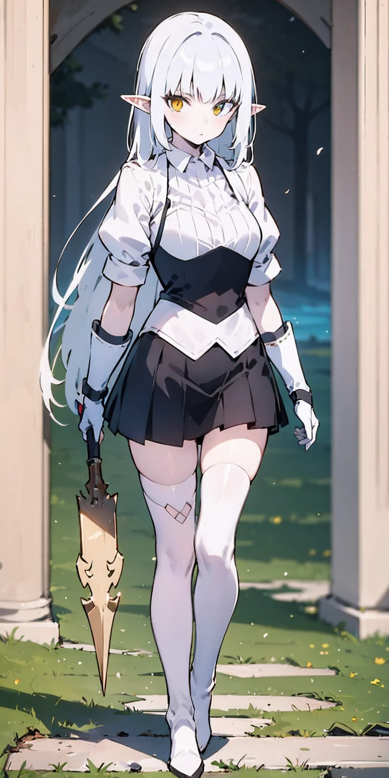 masterpiece, best quality, high quality, white SKIN elf, long hair, white hair, yellow eyes, full body, def_effie, blue breastplate, white skin, looking at viewer, shiny, armor, thigh highs, high boots, shoulder armor, faulds, poleyn, gloves, gauntlets