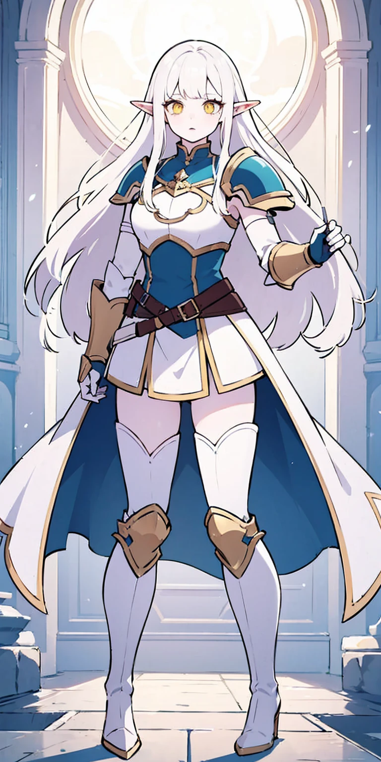 masterpiece, best quality, high quality, white SKIN elf, long hair, white hair, yellow eyes, full body, def_effie, blue breastplate, white skin, looking at viewer, shiny, armor, thigh highs, high boots, shoulder armor, faulds, poleyn, gloves, gauntlets