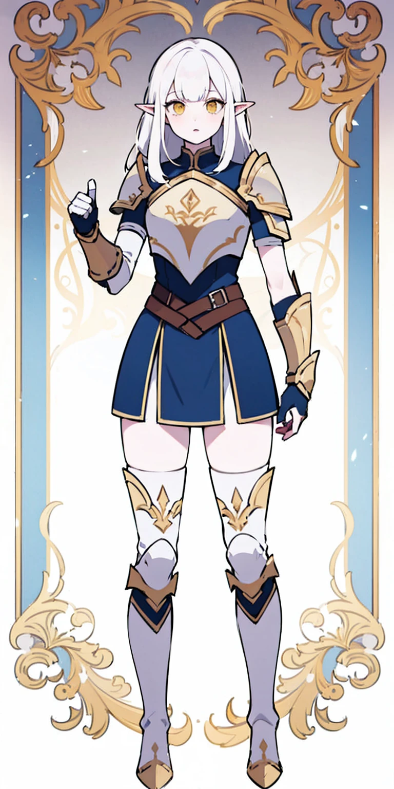 masterpiece, best quality, high quality, white SKIN elf, long hair, white hair, yellow eyes, full body, def_effie, blue breastplate, white skin, looking at viewer, shiny, armor, thigh highs, high boots, shoulder armor, faulds, poleyn, gloves, gauntlets