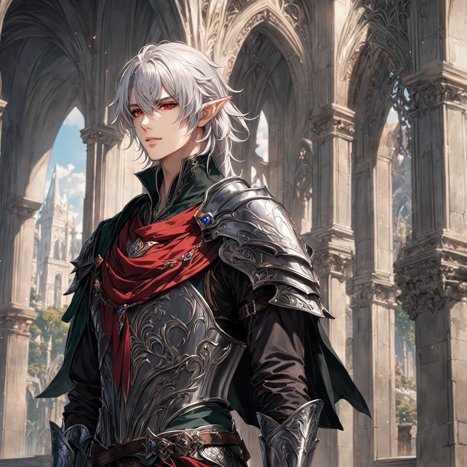 masterpiece, best quality, good quality, Fantasy Aesthetic, Highly detailed, shadowverse style, male, long hair, elf, red eye, silver hair, elven armor aesthetic