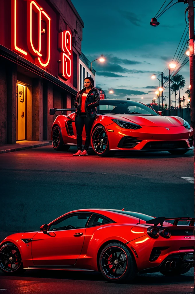 Create a cover with the title “QUE RICO” KIM LOAIZA With red neon letters and a sports car in the background