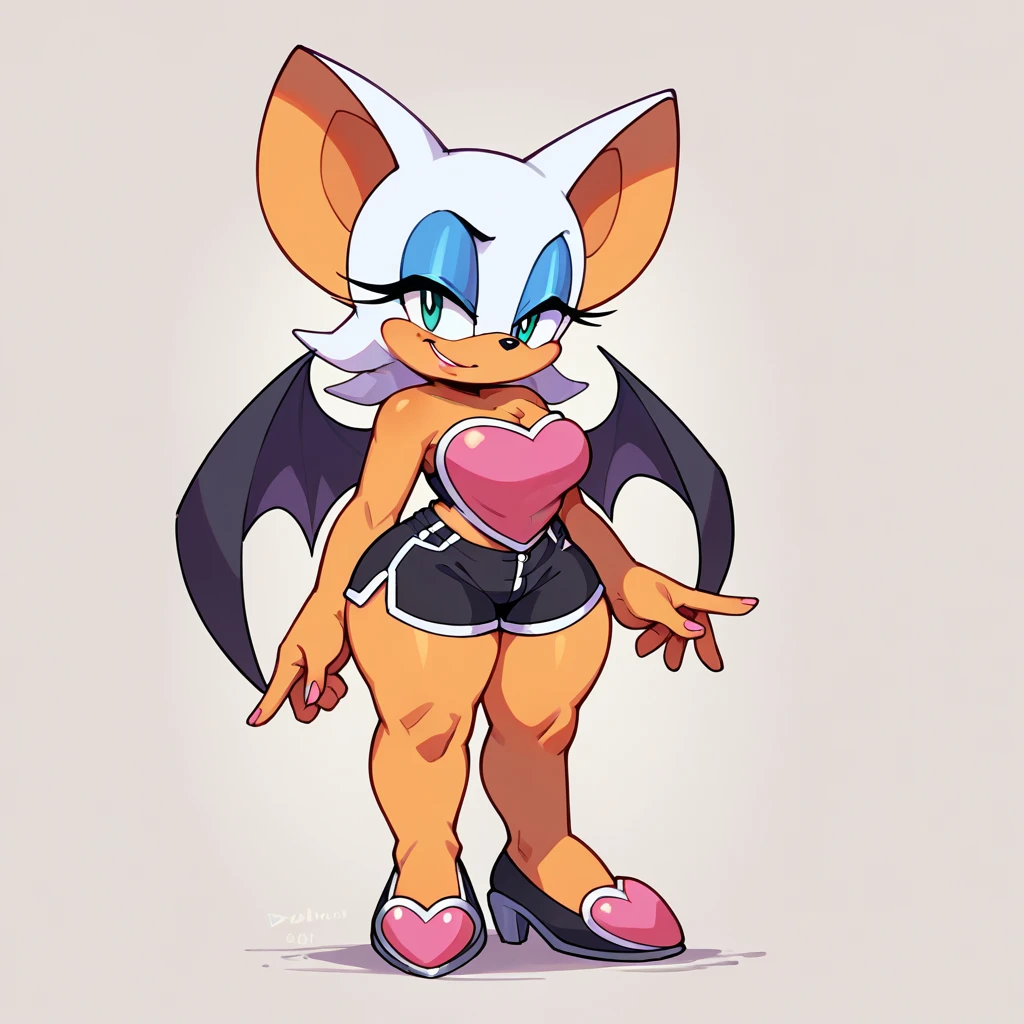 Rouge the bat, wearing black shorts, standing on hind legs, confient smile, has thick thighs, 