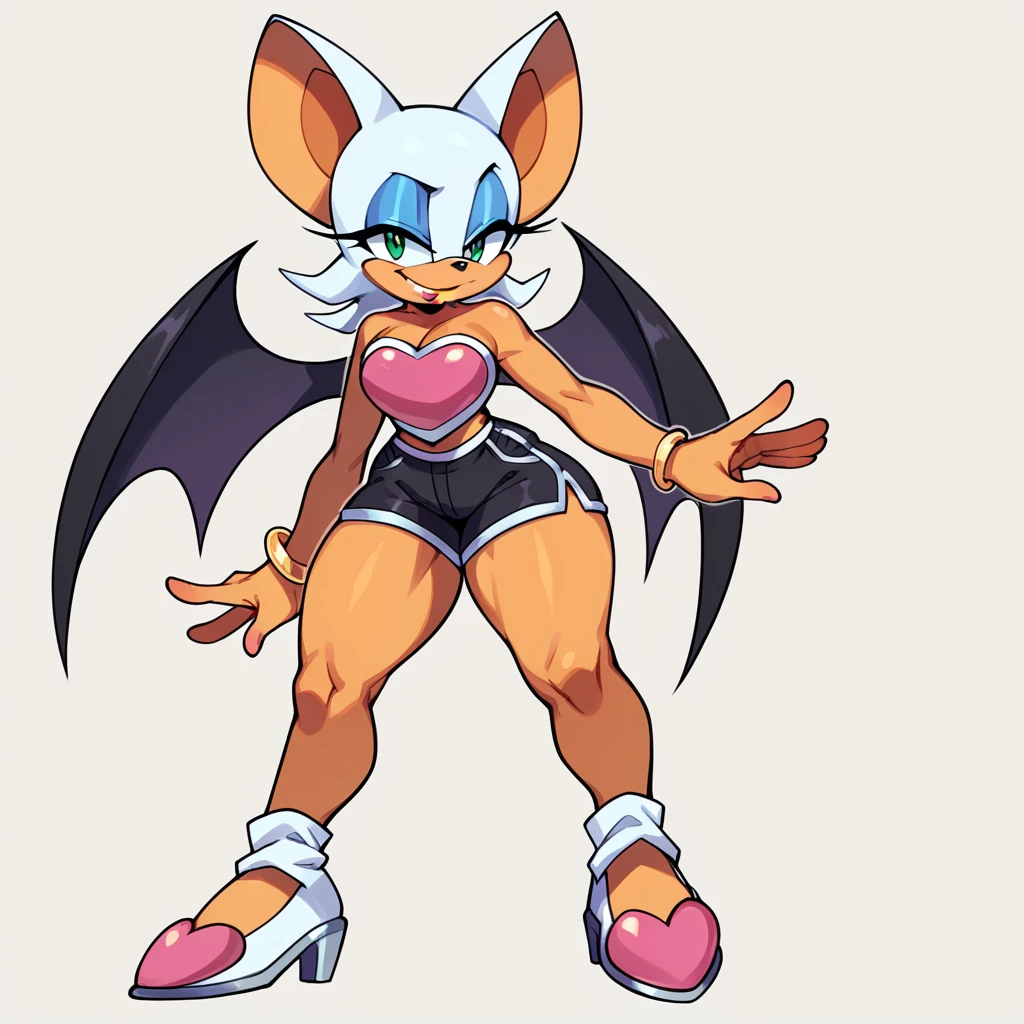 Rouge the bat, wearing black shorts, standing on hind legs, confient smile, has thick thighs, 