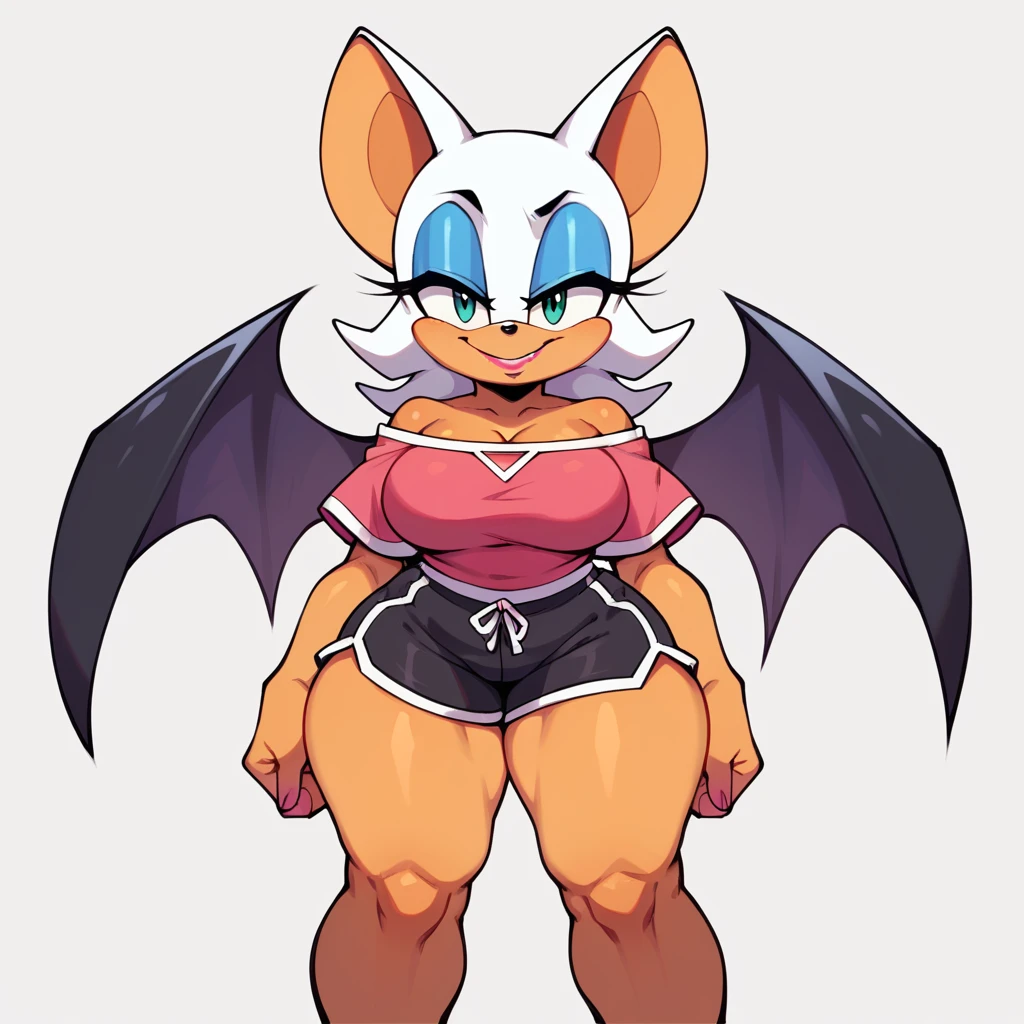 Rouge the bat, wearing black shorts, standing on hind legs, confient smile, has thick thighs, 