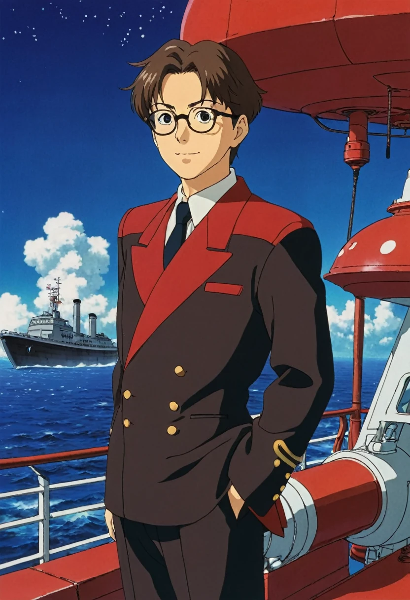 A still from a 90s anime、『Laputa: Castle in the Sky』In the style of a Japanese anime series、A man with brown hair and glasses is wearing red formal attire.。He has short brown hair、He wears black rectangular rimmed glasses.。The background is in submarin ship。The character's appearance reflects his age.、Despite being middle-aged, she stands confidently。The deep navy blue background enhances its mysterious aura.。In the style of Hayao Miyazaki、Retro Studio Ghibli animation、It's like a screen grab from an old VHS.。 --with 45:29