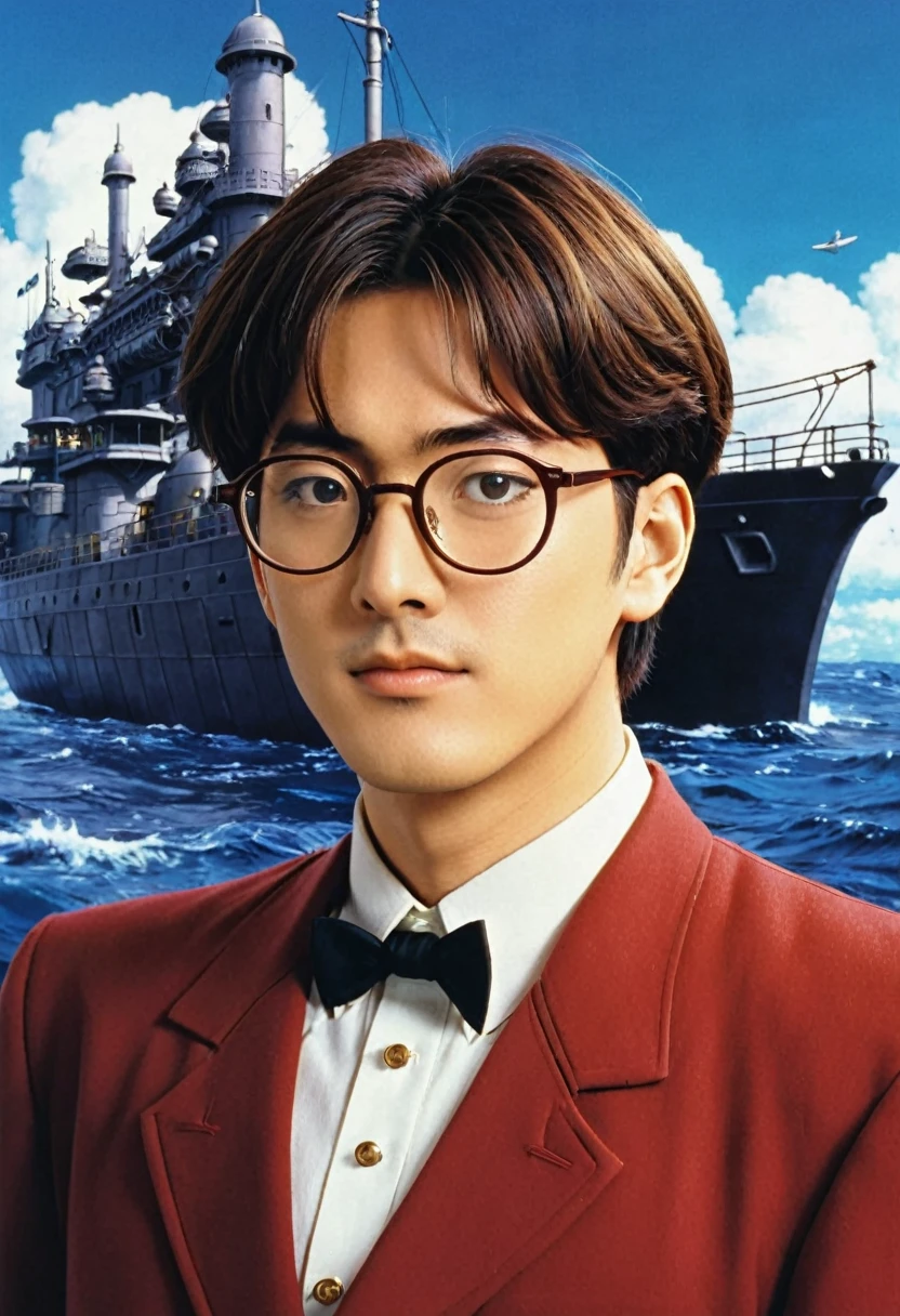 A still from a 90s anime、『Laputa: Castle in the Sky』In the style of a Japanese anime series、A man with brown hair and glasses is wearing red formal attire.。He has short brown hair、He wears black rectangular rimmed glasses.。The background is in submarin ship。The character's appearance reflects his age.、Despite being middle-aged, she stands confidently。The deep navy blue background enhances its mysterious aura.。In the style of Hayao Miyazaki、Retro Studio Ghibli animation、It's like a screen grab from an old VHS.。 --with 45:29