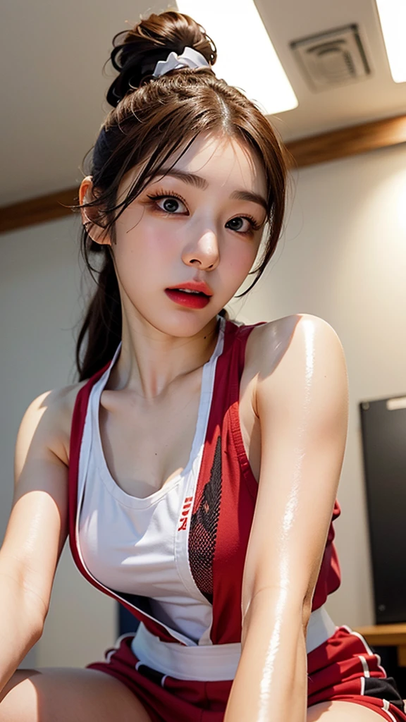 Highly detailed CG Unity 8K wallpapers,top Quority,Super detailed,tmasterpiece,realisticlying,photograph realistic,Very detailed cute girl,19 age old,musculature,Microabs,Round eyes,peeping at the viewer,Be red in the face,parted lip,Half-body shooting,
track suit , gym room,black fishnet stocking