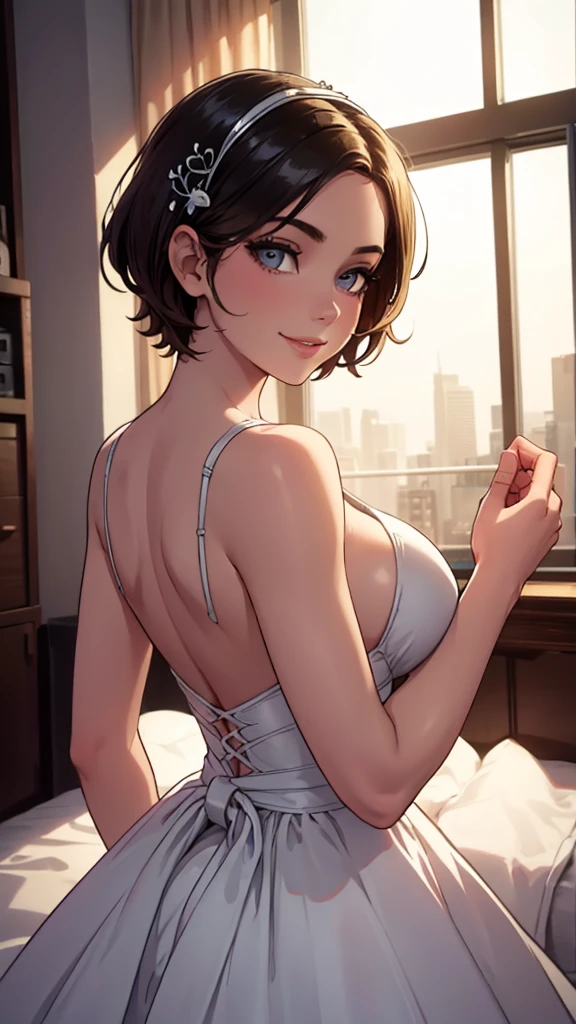 Photography of fashion models., big breasts, ballet dress, strong sense of design, medium shot, South African girl, short hair, Hair Accessories, delicate skin, smile, simple background, high texture, dazzling backlight, professional studio lighting