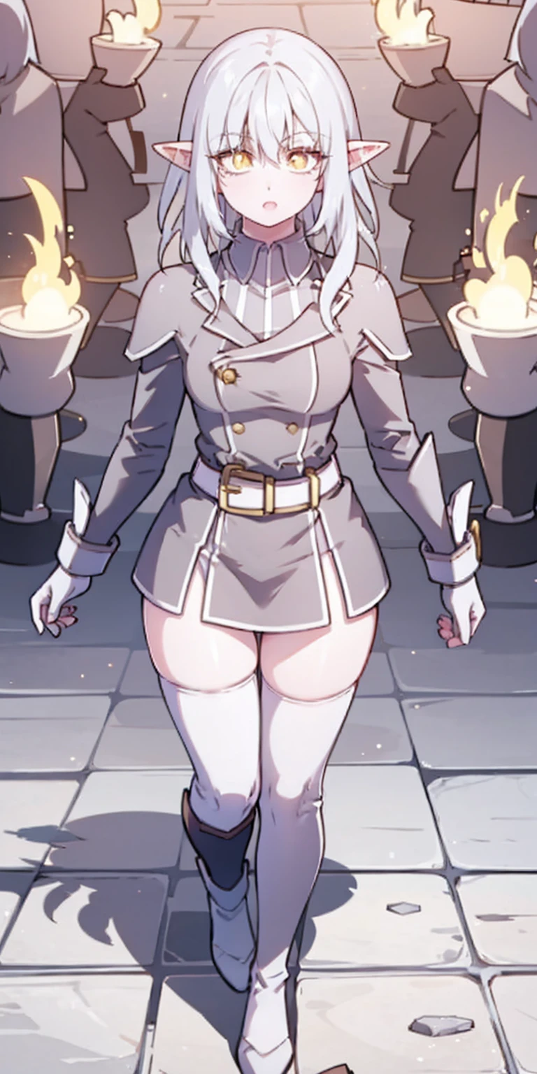 masterpiece, best quality, high quality, white SKIN elf, long hair, white hair, yellow eyes, full body, def_effie, blue breastplate, white skin, looking at viewer, shiny, armor, thigh highs, high boots, shoulder armor, faulds, poleyn, gloves, gauntlets