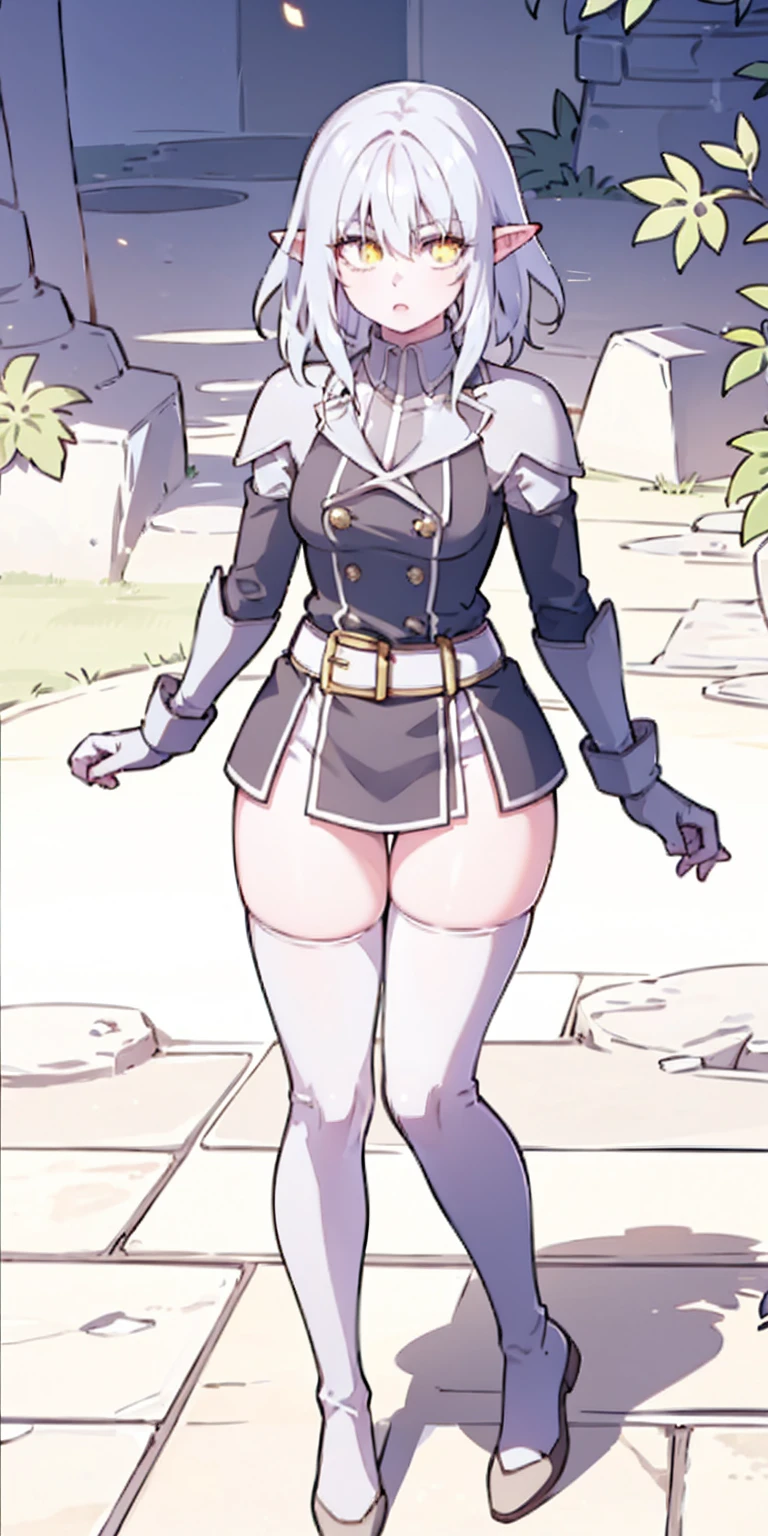 masterpiece, best quality, high quality, white SKIN elf, long hair, white hair, yellow eyes, full body, def_effie, blue breastplate, white skin, looking at viewer, shiny, armor, thigh highs, high boots, shoulder armor, faulds, poleyn, gloves, gauntlets