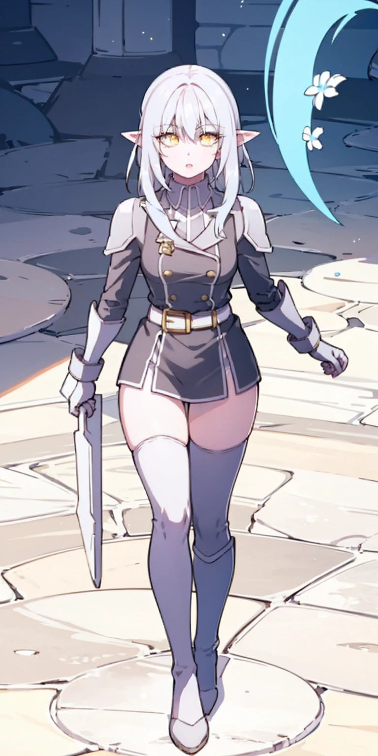 masterpiece, best quality, high quality, white SKIN elf, long hair, white hair, yellow eyes, full body, def_effie, blue breastplate, white skin, looking at viewer, shiny, armor, thigh highs, high boots, shoulder armor, faulds, poleyn, gloves, gauntlets
