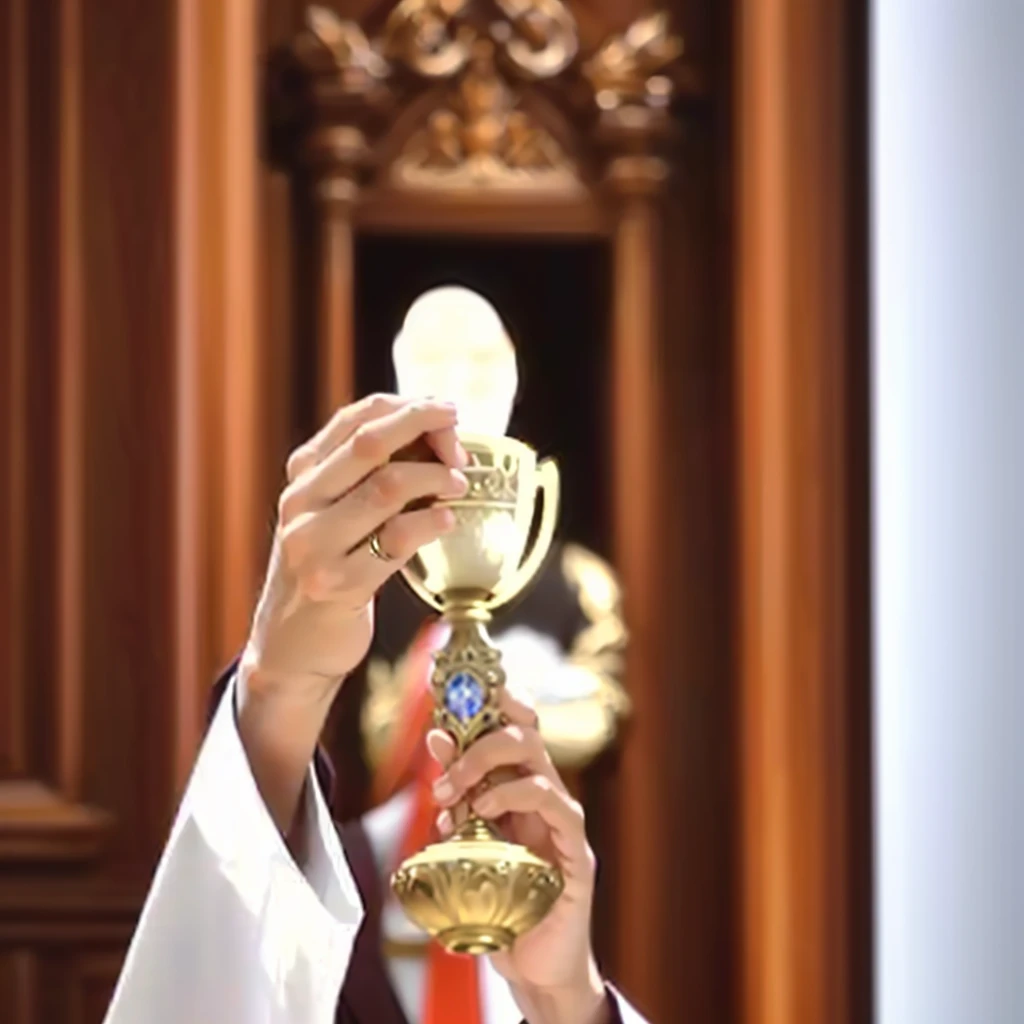 arafed man in a white robe holding a airen chalicee, overturned chalice, Catholic, sacramento, Holy, the Holy grail, priest, Overturned ornate chalice, the real Holy grail, Worship of the Pope, “ airen chalice, the sacred cup of understanding, air, Holy imagery, Holy grail, Holy ceremony, an evil Catholic priest