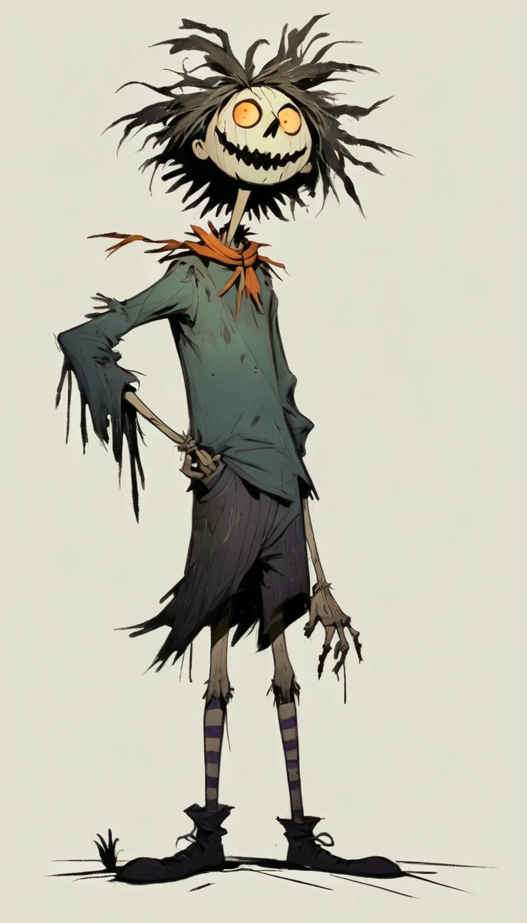 (((Exaggerated digital character sketches:1.37))).(1 Scarecrow,(Exaggerated expression,Exaggerated hairstyle),Messy hair),moonlight,Cemetery,church,crow,(Black sketch lines,Loose brushstrokes create the outline,Cartoon Style. Bright colors and simplified lines, sketch)。(Exaggerated body movements,Long legs),(fear)