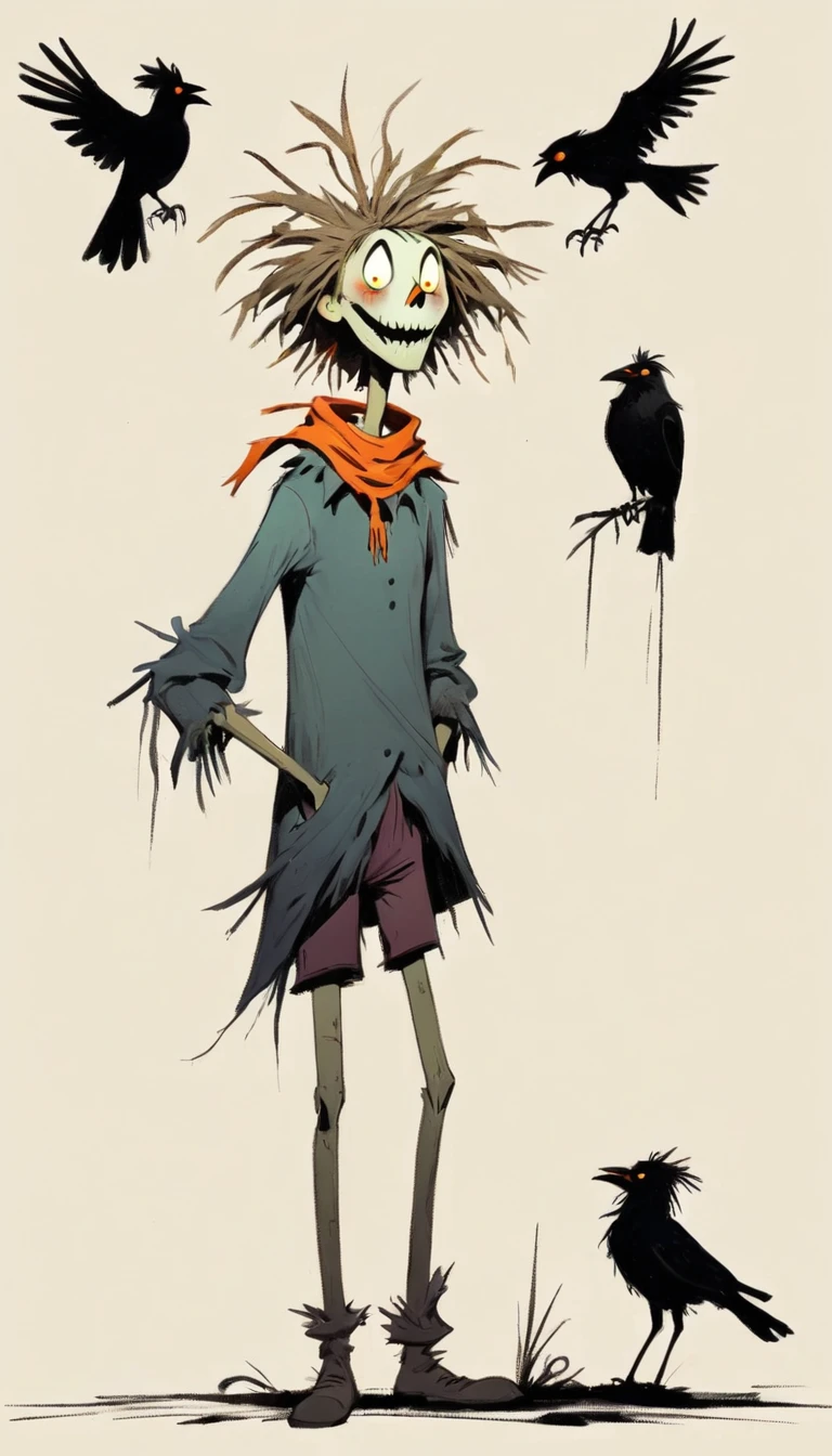 (((Exaggerated digital character sketches:1.37))).(1 Scarecrow,(Exaggerated expression,Exaggerated hairstyle),Messy hair),moonlight,Cemetery,church,crow,(Black sketch lines,Loose brushstrokes create the outline,Cartoon Style. Bright colors and simplified lines, sketch)。(Exaggerated body movements,Long legs),(fear)