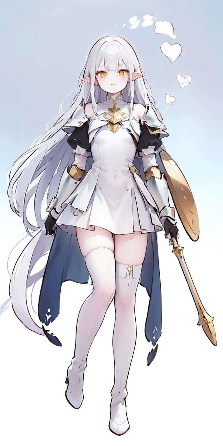 masterpiece, best quality, high quality, white SKIN elf, long hair, white hair, yellow eyes, full body, def_effie, blue breastplate, white skin, looking at viewer, shiny, armor, thigh highs, high boots, shoulder armor, faulds, poleyn, gloves, gauntlets