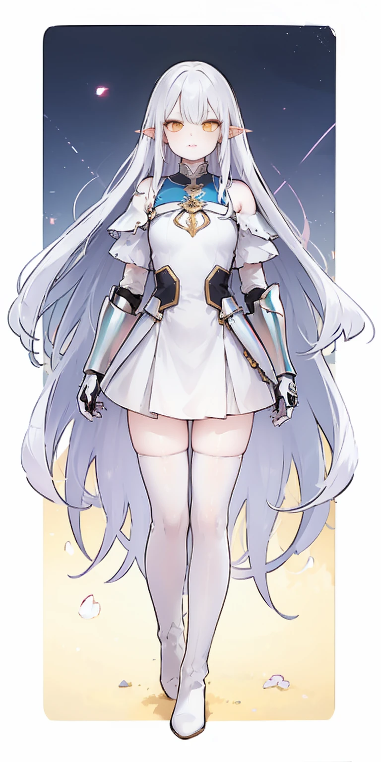 masterpiece, best quality, high quality, white SKIN elf, long hair, white hair, yellow eyes, full body, def_effie, blue breastplate, white skin, looking at viewer, shiny, armor, thigh highs, high boots, shoulder armor, faulds, poleyn, gloves, gauntlets