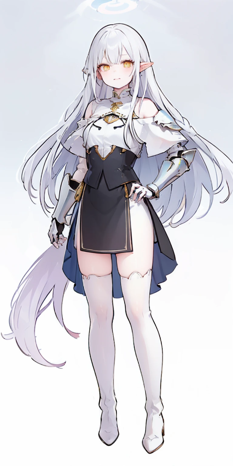 masterpiece, best quality, high quality, white SKIN elf, long hair, white hair, yellow eyes, full body, def_effie, blue breastplate, white skin, looking at viewer, shiny, armor, thigh highs, high boots, shoulder armor, faulds, poleyn, gloves, gauntlets