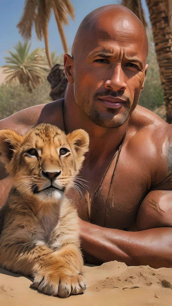 araffe and a man laying on the sand with a lion cub, starring dwayne johnson, dwayne the rock johnson, dwayne johnson, a portrait of dwayne johnson, the rock, portrait of dwayne johnson, disney photo realistic, photorealistic disney, face as of dwayne johnson, dwayne johnson as god of war, king of the jungle, dwayne johnson in family guy, realistic art