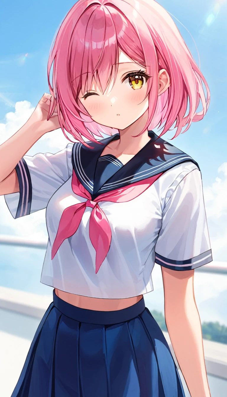 (1 girl),(Best Picture Quality, 8K, Masterpiece:1.3), (high school student:1.5), ((pink lob hair:1.1)), (bob cut),(swept bangs), (cute eyes, pupil black, iris skyblue, youthful face), (mole under right eye), (standard weight), (small ),(big hip), (glistening skin:1.1),(pale skin:1.2), ((serafuku, white sailor short sleeve simple shirt, darkblue skirt, darkblue sailor collar, pink ribbon)).