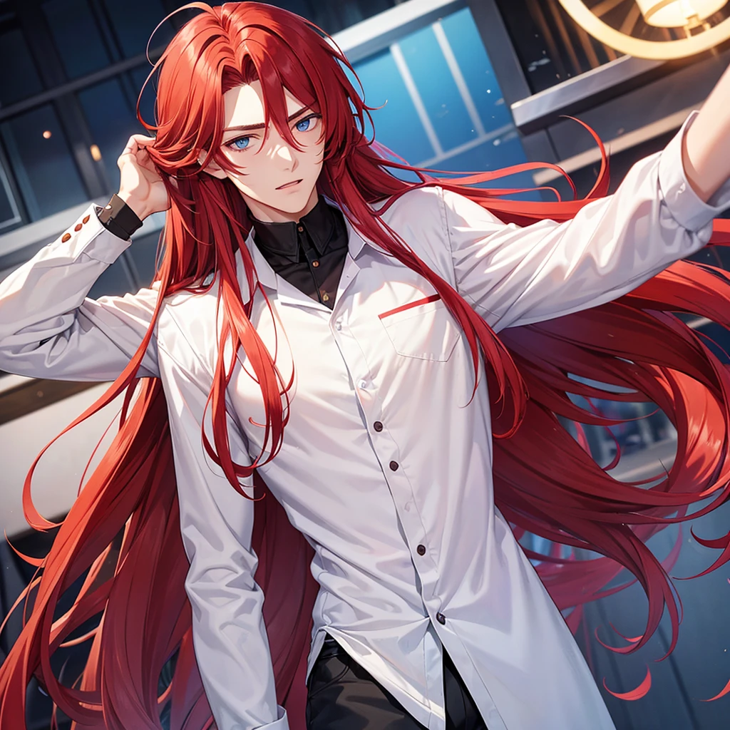 Male, 23 years old, 183cm tall, good-looking, long face, messy red hair, medium-length hair, blue eyes, white eyes, slanted eyebrows, manly