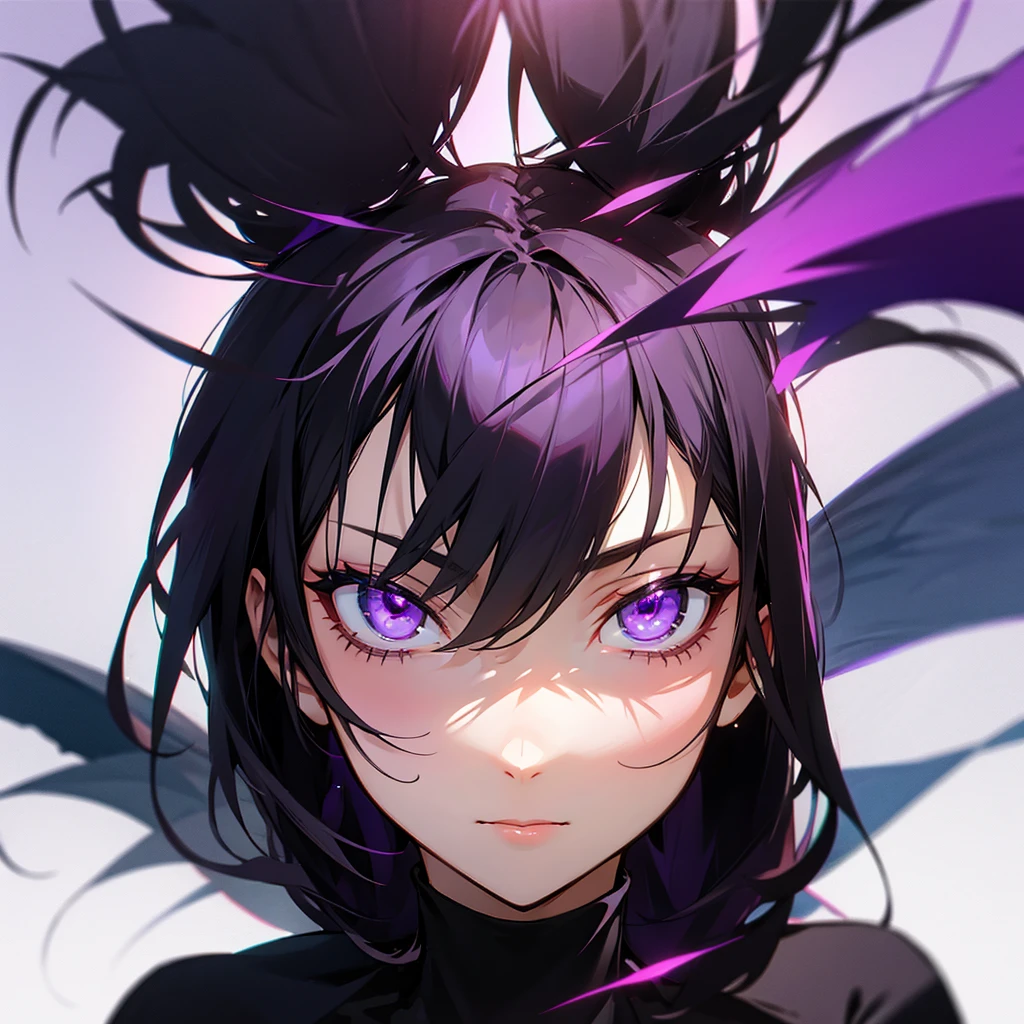 Black hair, purple eyes