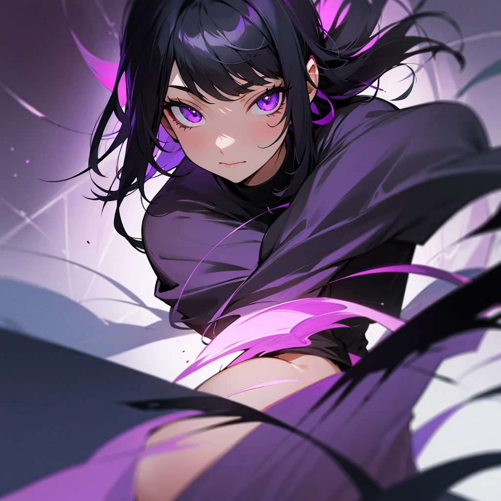Black hair, purple eyes