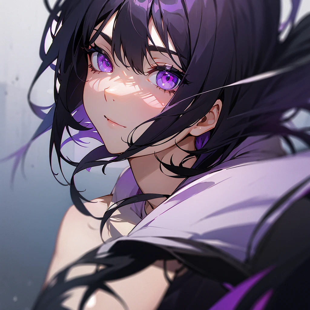 Black hair, purple eyes