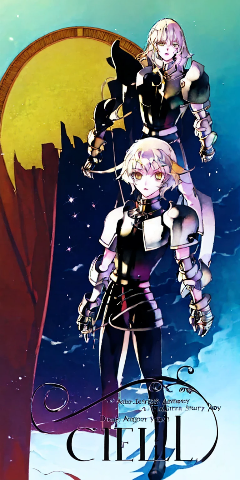 masterpiece, best quality, high quality, white SKIN elf, long hair, white hair, yellow eyes, full body, def_effie, blue breastplate, white skin, looking at viewer, shiny, armor, thigh highs, high boots, shoulder armor, faulds, poleyn, gloves, gauntlets